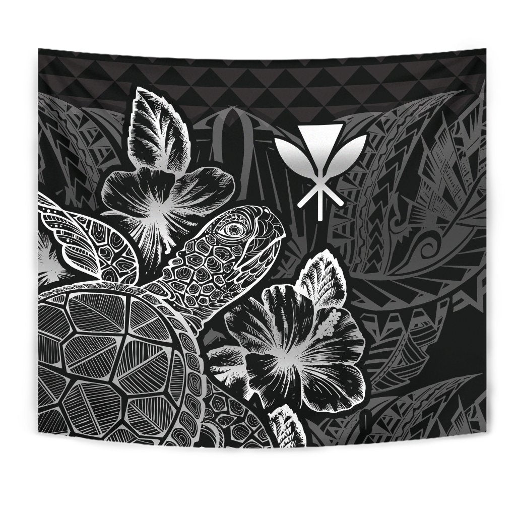 Polynesian Hawaii Tapestry - Turtle Hibiscus Pattern Black - Polynesian Pride