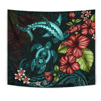 Polynesian Tapestry Turtle And Shark - Hibiscus Turquoise - Polynesian Pride