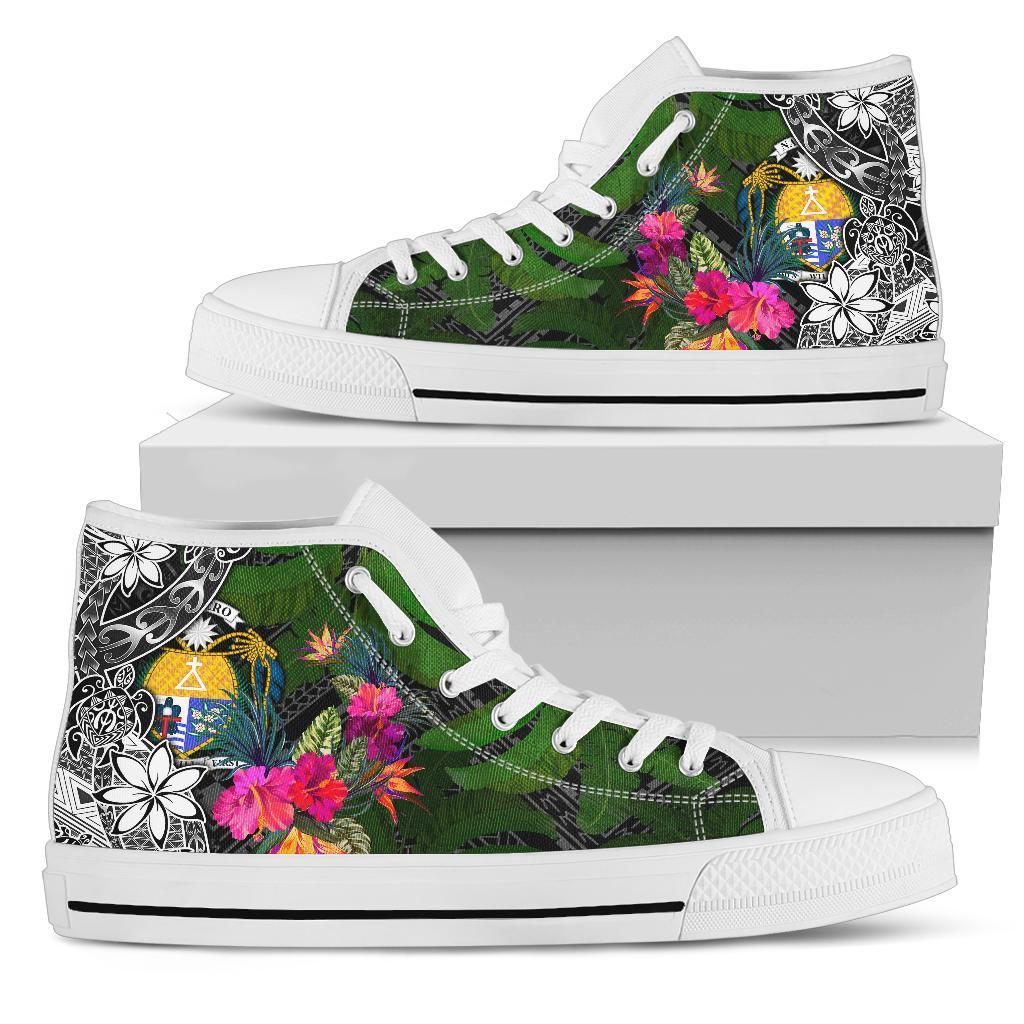 Nauru High Top Shoes - Turtle Plumeria Banana Leaf Crest Unisex White - Polynesian Pride