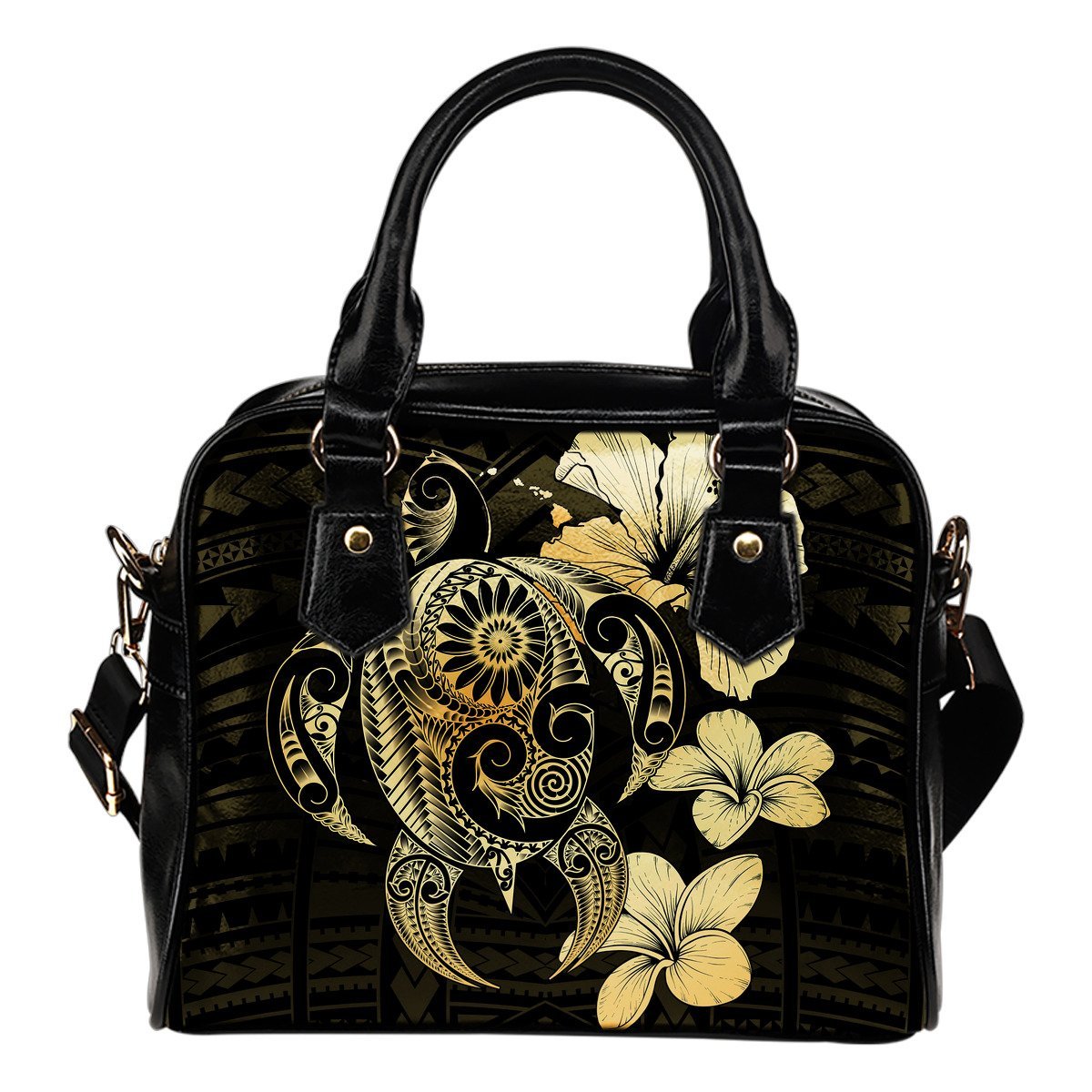 Hibiscus Plumeria Mix Polynesian Gold Turtle Shoulder Handbag One Size Gold - Polynesian Pride