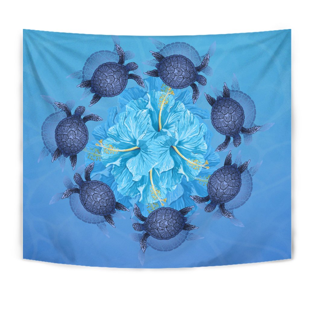 Hawaii Turtle Hibiscus Blue Tapestry - Polynesian Pride