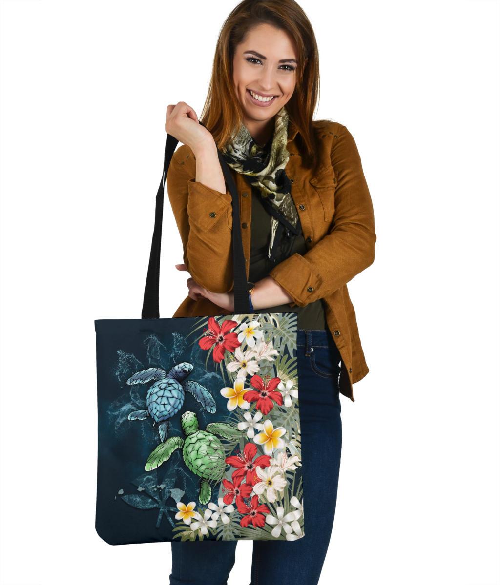 Kanaka Maoli (Hawaiian) Tote Bag - Sea Turtle Tropical Hibiscus And Plumeria Tote Bag One Size Blue - Polynesian Pride