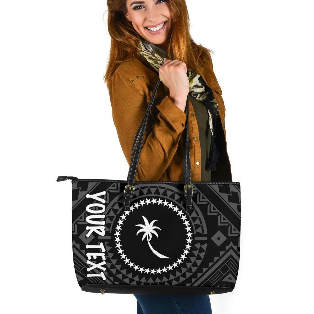 Chuuk Custom Personalised Leather Tote Bag - Chuuk Seal With Polynesian Tattoo Style ( Black) Black - Polynesian Pride