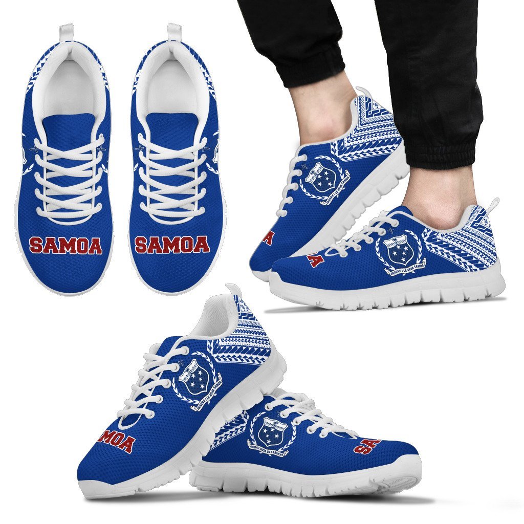 Samoa Athletic Sneakers - Samoa Coat Of Arms Polynesian Tattoo Behind - A0 Unisex White - Polynesian Pride