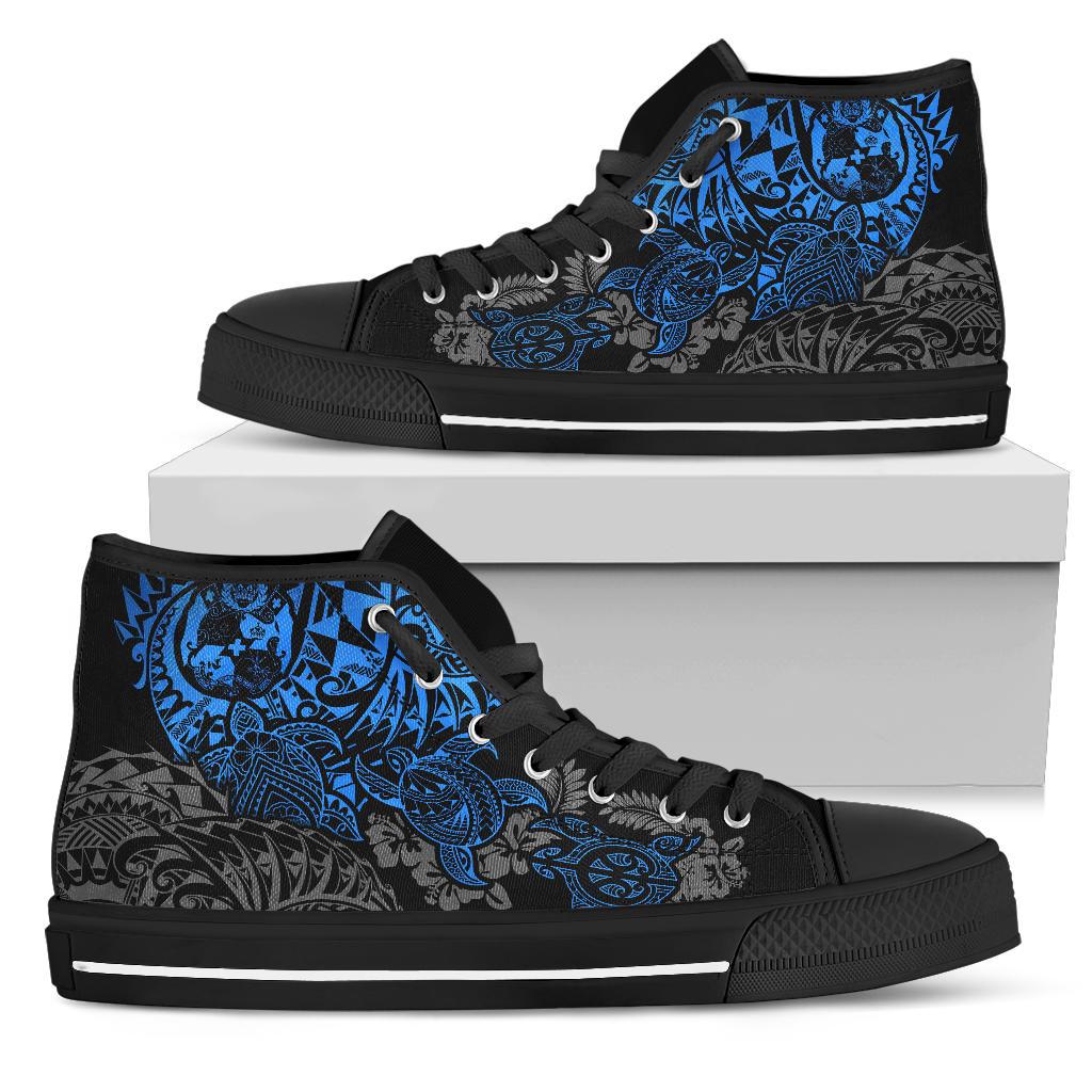Tonga Polynesian High Top Shoes - Blue Turtle Flowing Unisex Black - Polynesian Pride
