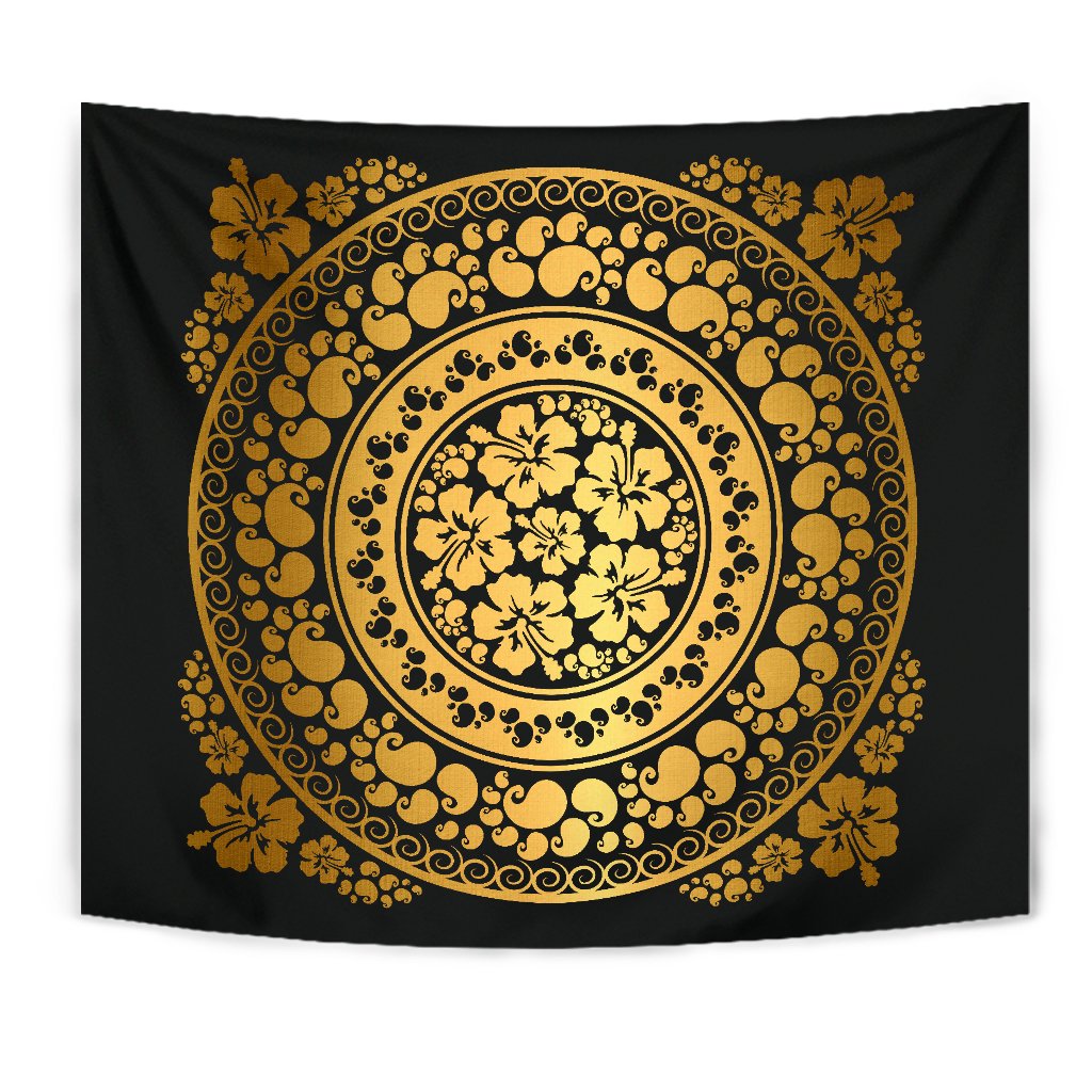 Hibiscus Gold Circle Tapestry Wall Tapestry Gold - Polynesian Pride
