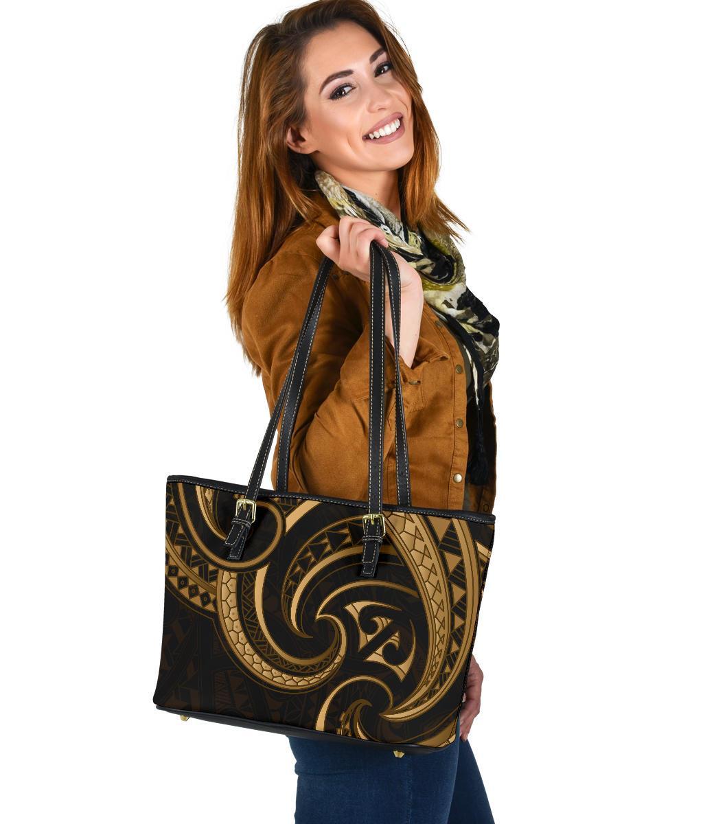 New Zealand Maori Mangopare Small Leather Tote Polynesian - Gold Gold - Polynesian Pride