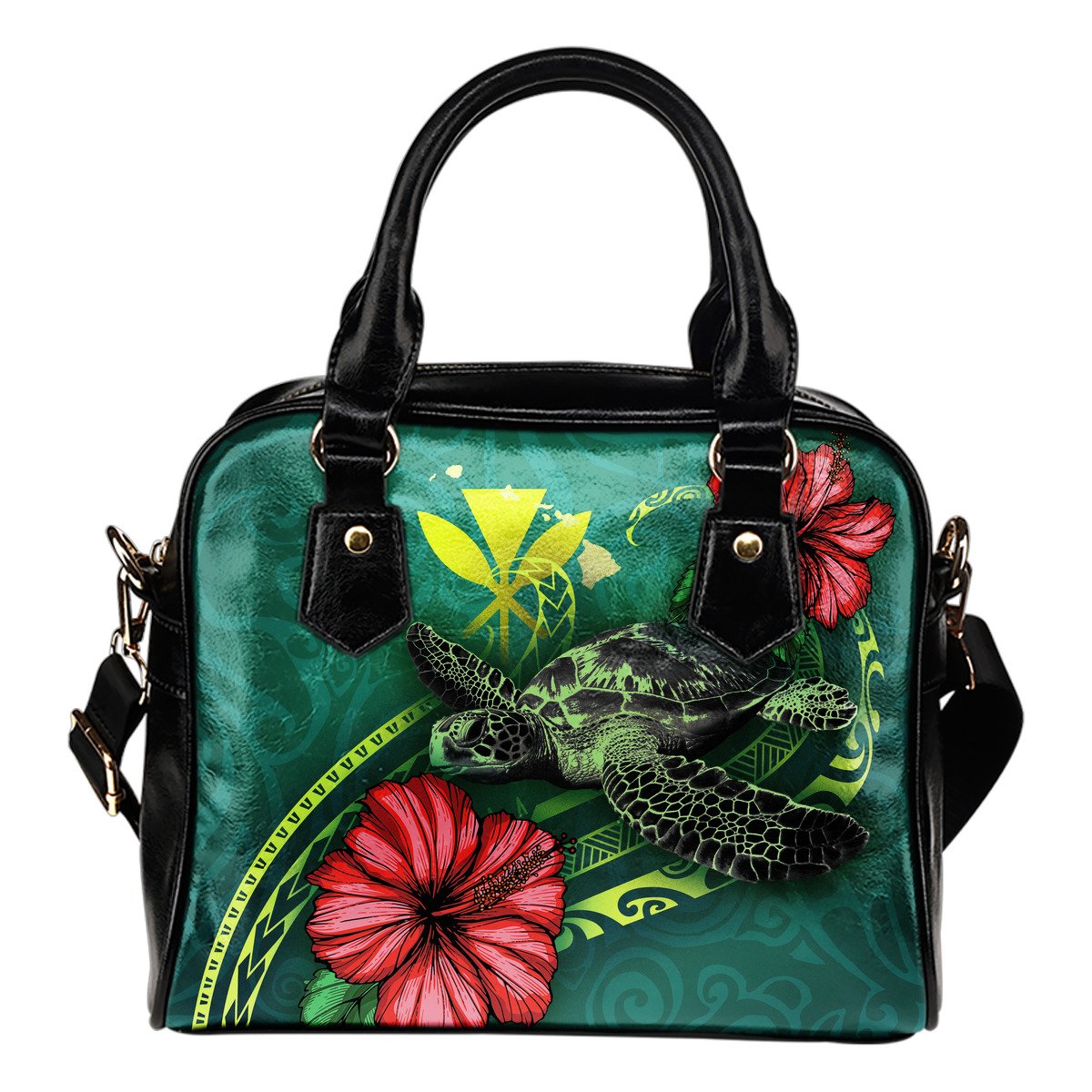Hawaii Polynesian Shoulder Handbag - Green Turtle Hibiscus One Size Green - Polynesian Pride