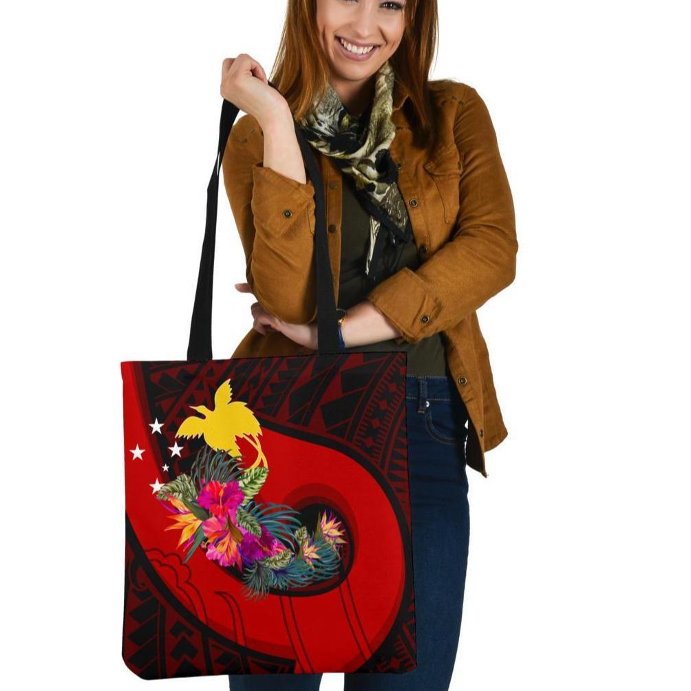 Papua New Guinea Tote Bags - Polynesian Hook And Hibiscus (Red) Tote Bag One Size Reggae - Polynesian Pride