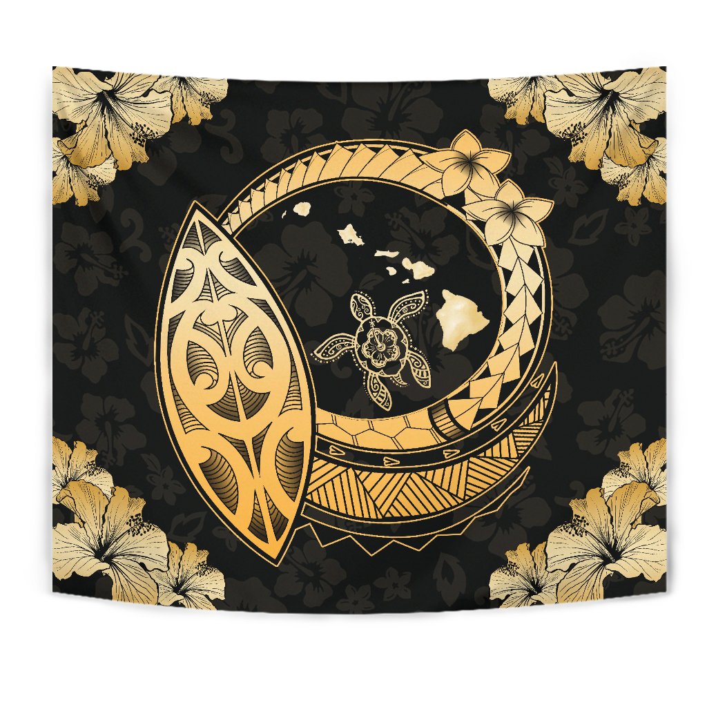 Hawaii Turtle Hibiscus Map Polynesian Tapestry Wall Tapestry Yellow - Polynesian Pride