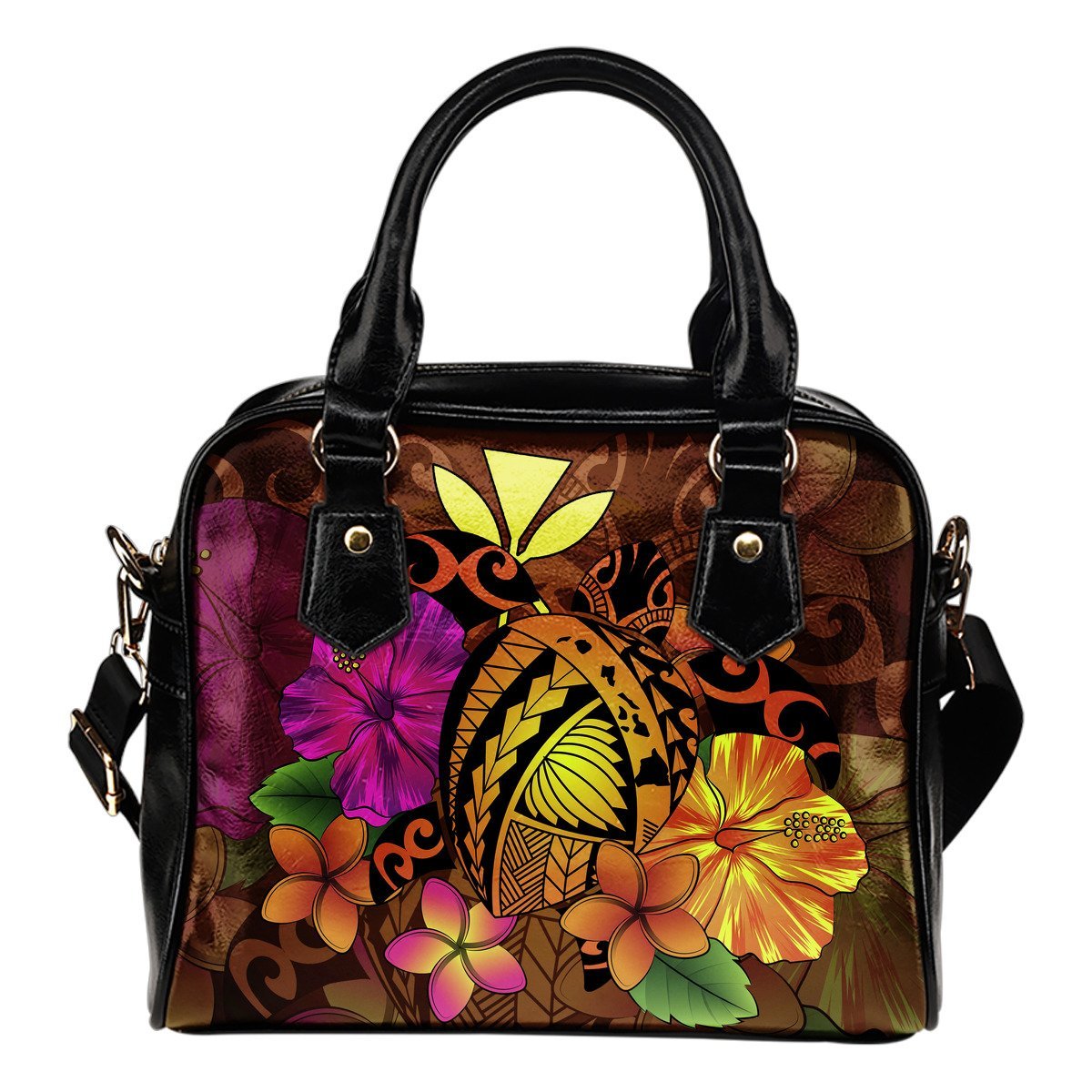 Hawaii Turtle Tribal Map Hibiscus Plumeria Shoulder Handbag One Size Orange - Polynesian Pride