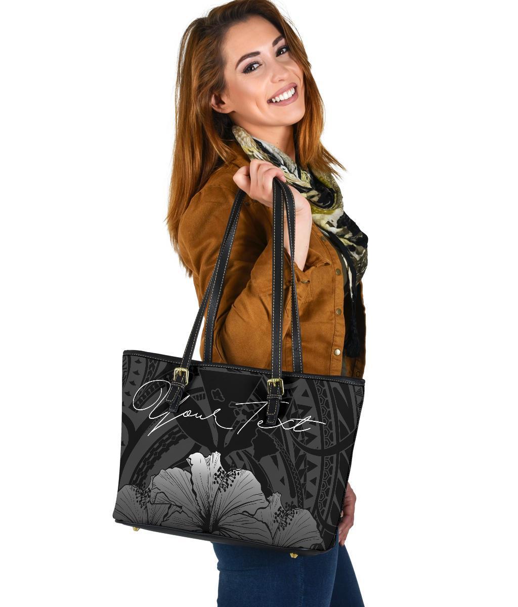 Personalised - Hawaii Royal Hibiscus Polynesian Tribal Small Leather Tote Bag White AH - Polynesian Pride