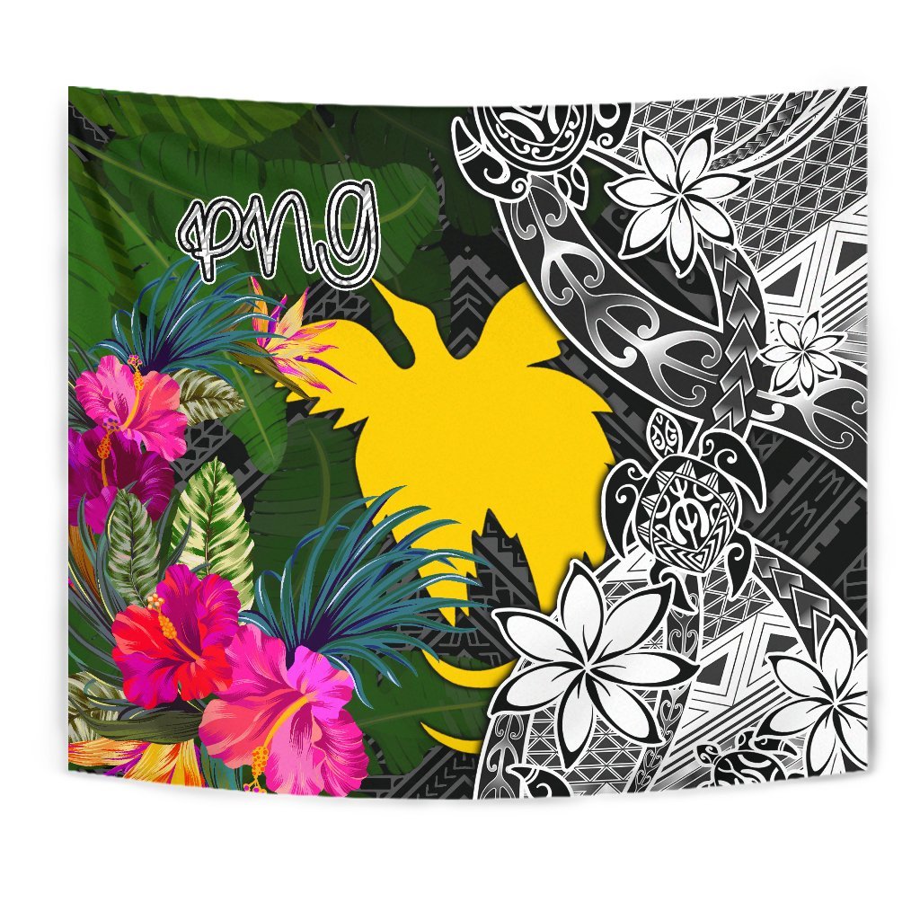 Papua New Guinea Tapestry - Turtle Plumeria Banana Leaf Wall Tapestry Black - Polynesian Pride