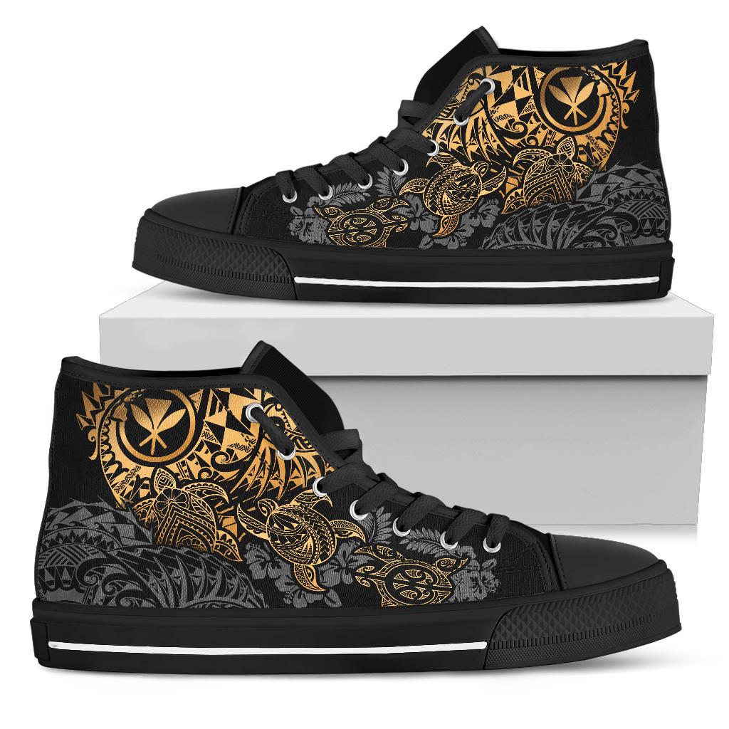 Polynesian Hawaii (Kanaka Maoli) High Top Shoes - Gold Hibiscus Turtle Flowing Unisex Black - Polynesian Pride