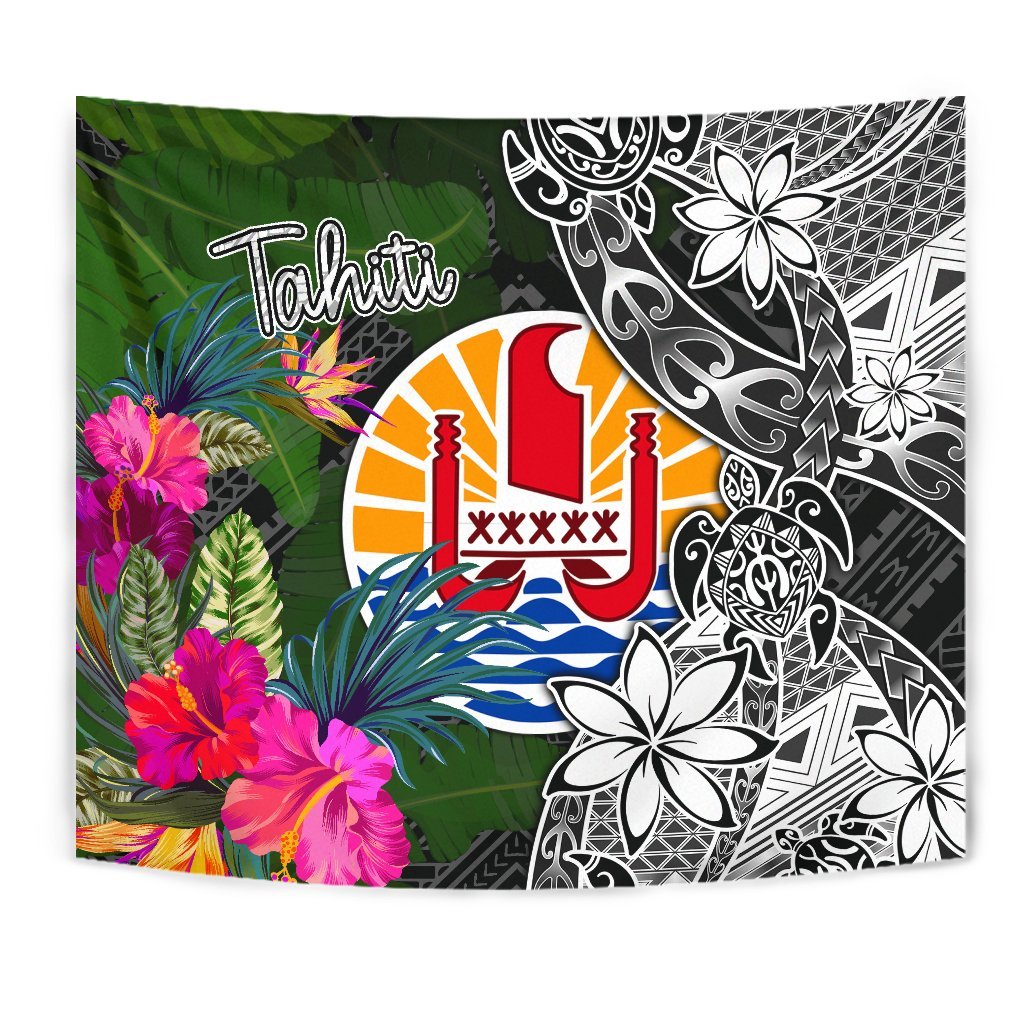 Tahiti Tapestry - Turtle Plumeria Banana Leaf Wall Tapestry Black - Polynesian Pride