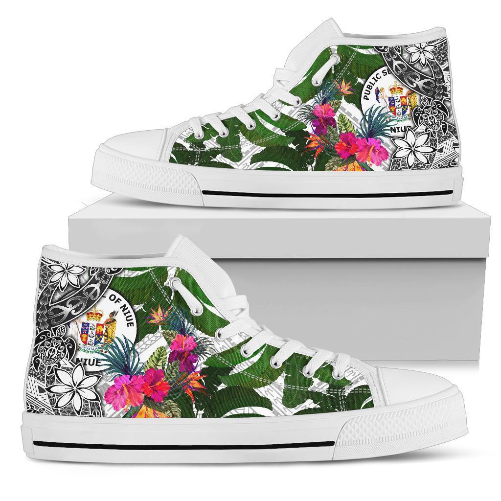 Niue High Top Shoes White - Turtle Plumeria Banana Leaf Unisex White - Polynesian Pride