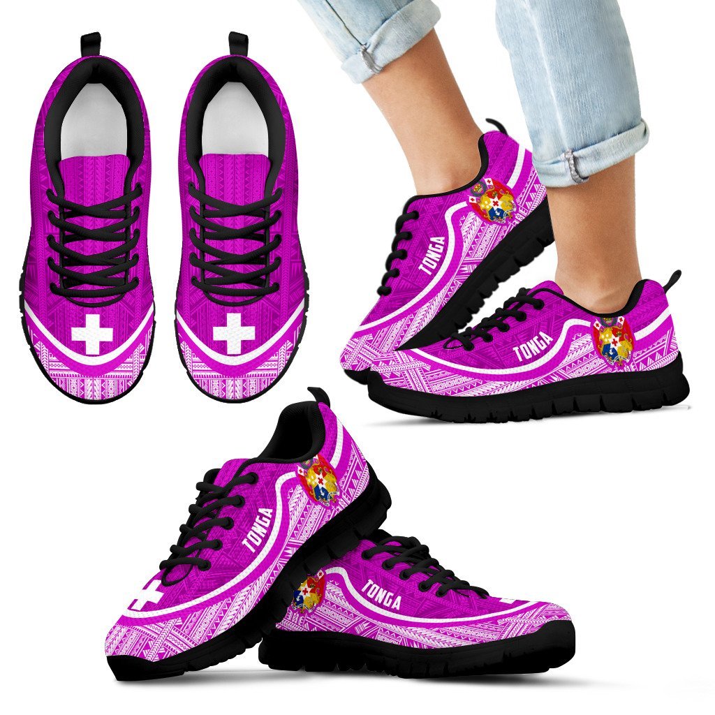 Tonga Wave Sneakers - Polynesian Pattern White Pink Color Kid's Sneakers - Black - Tonga Black - Polynesian Pride