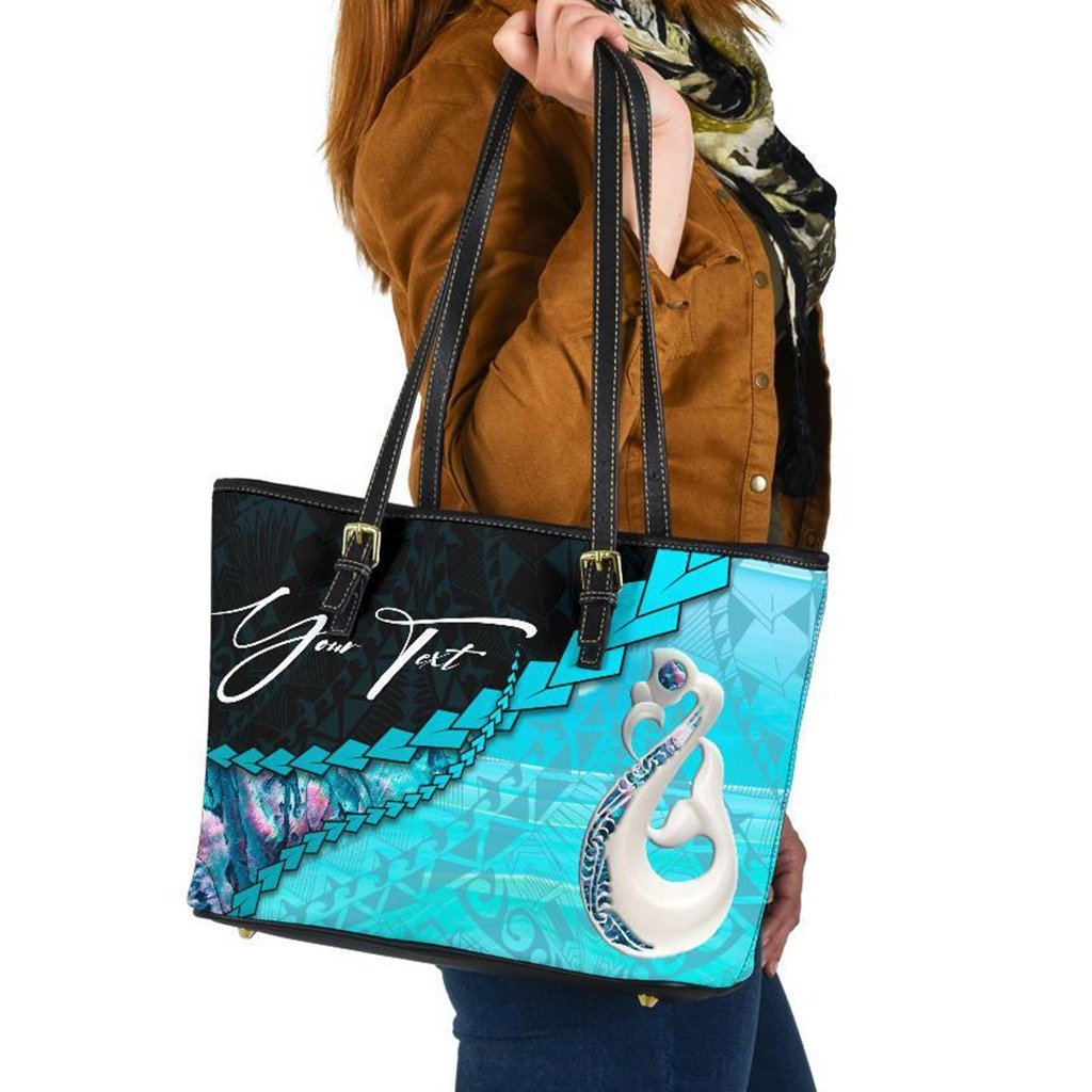 (Signature Custom) Paua Shell, Maori Manaia Leather Tote Bag Blue - Polynesian Pride