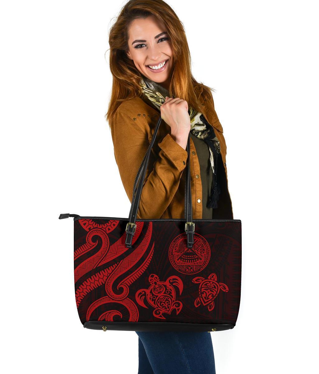 American Samoa Large Leather Tote - Red Tentacle Turtle Reggae - Polynesian Pride