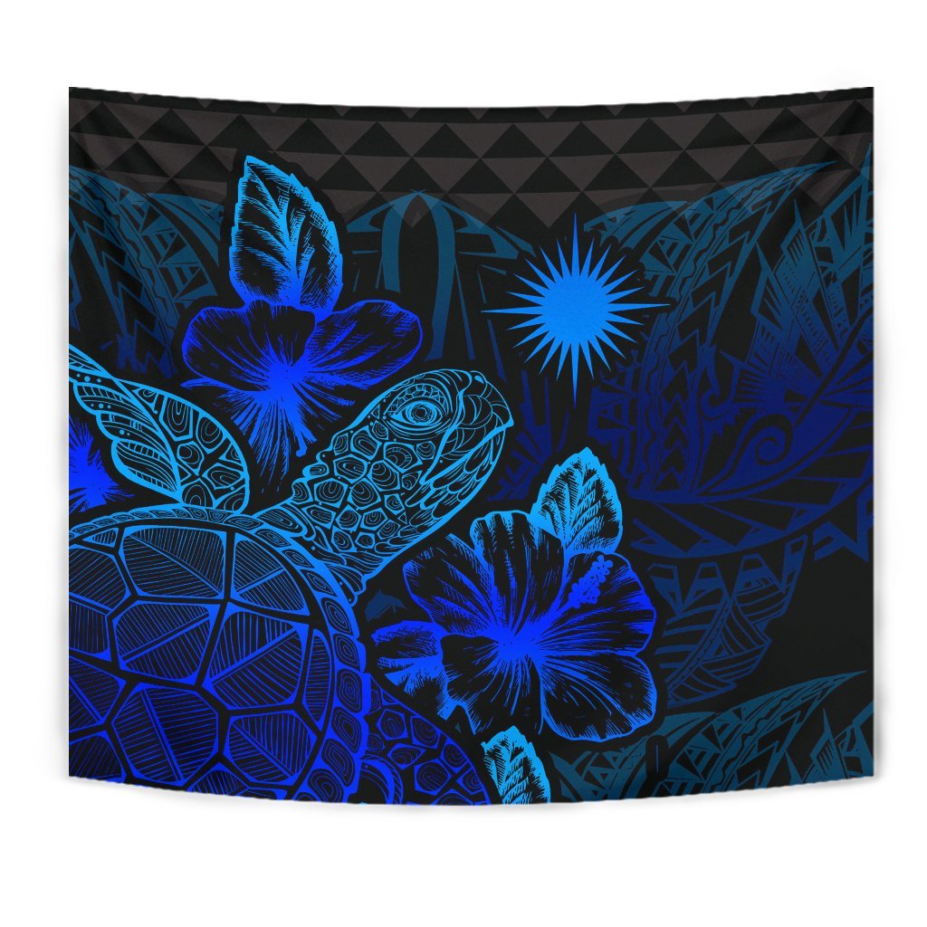 Marshall Islands Tapestry - Turtle Hibiscus Pattern Blue - Polynesian Pride