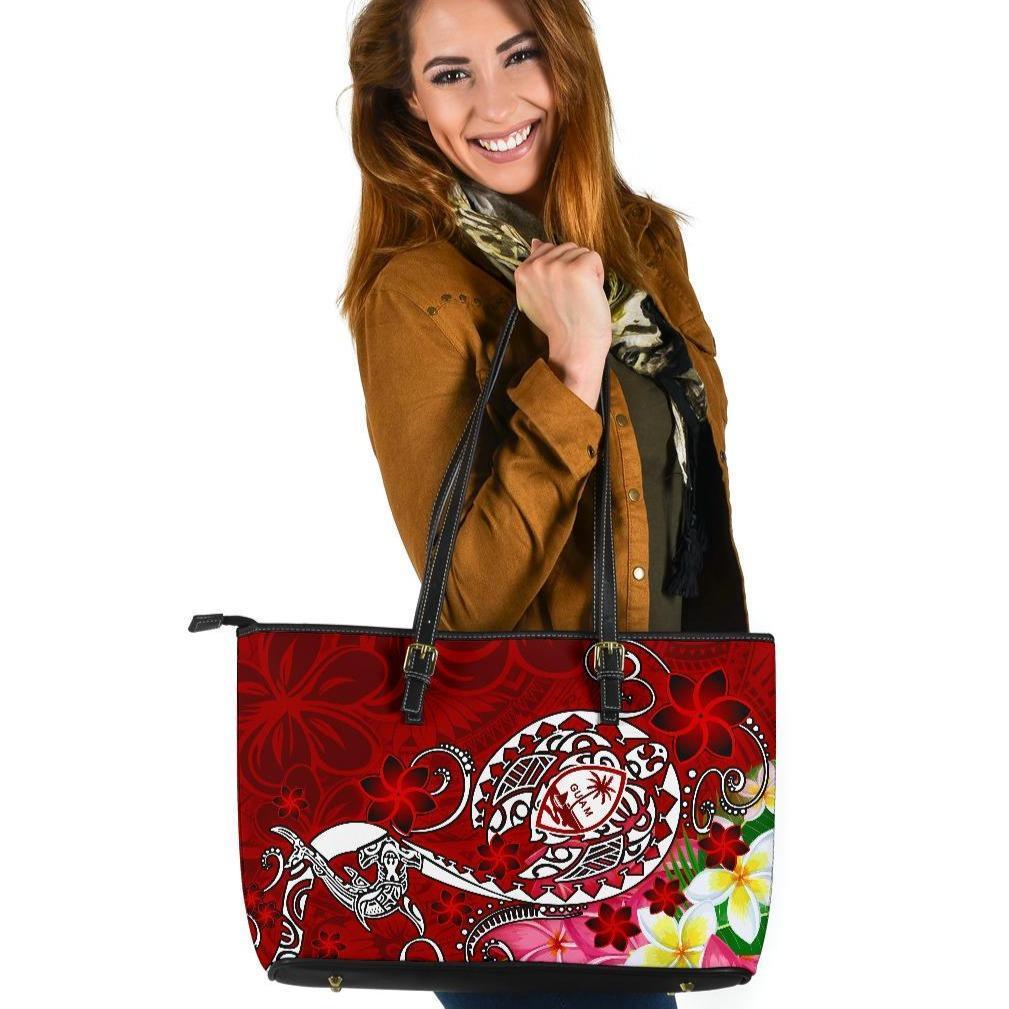 Guam Leather Tote Bag - Turtle Plumeria (Red) Red - Polynesian Pride