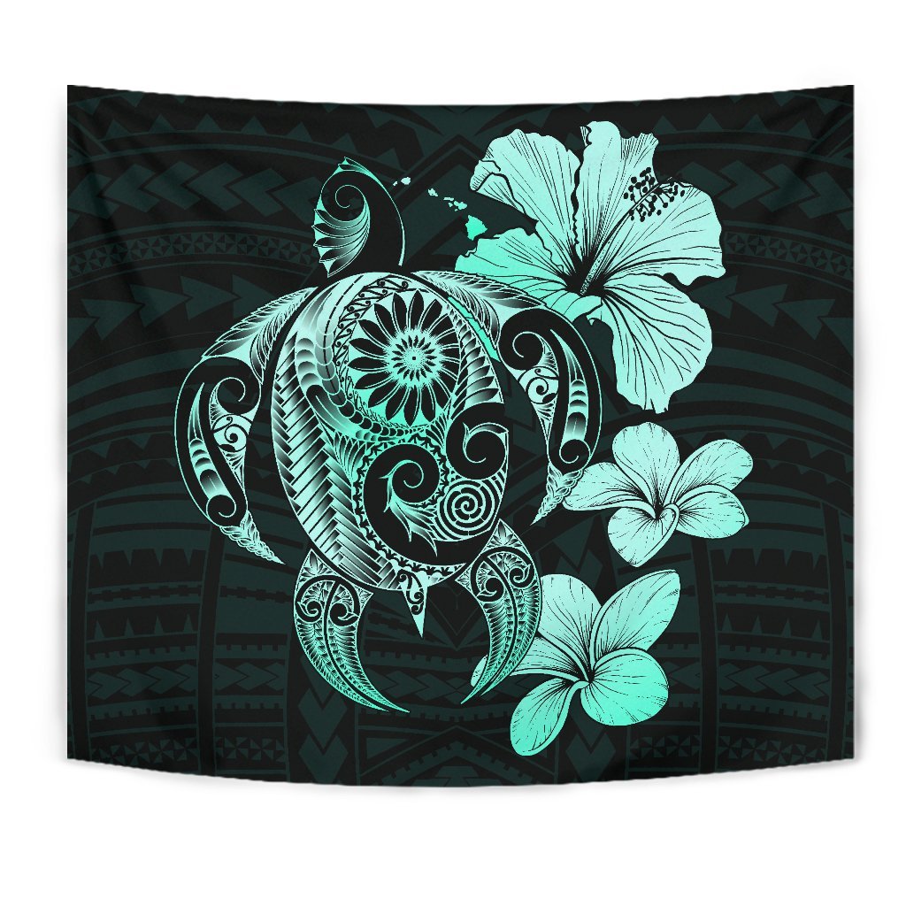 Hibiscus Plumeria Mix Polynesian Turquoise Turtle Tapestry - Polynesian Pride