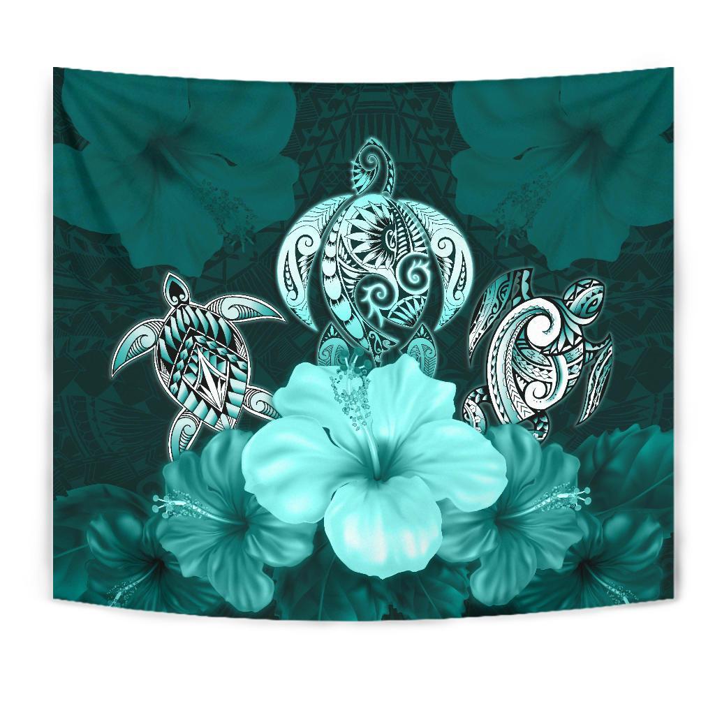 Polynesian Tapestry Turtle And Hibiscus Turquoise - Polynesian Pride