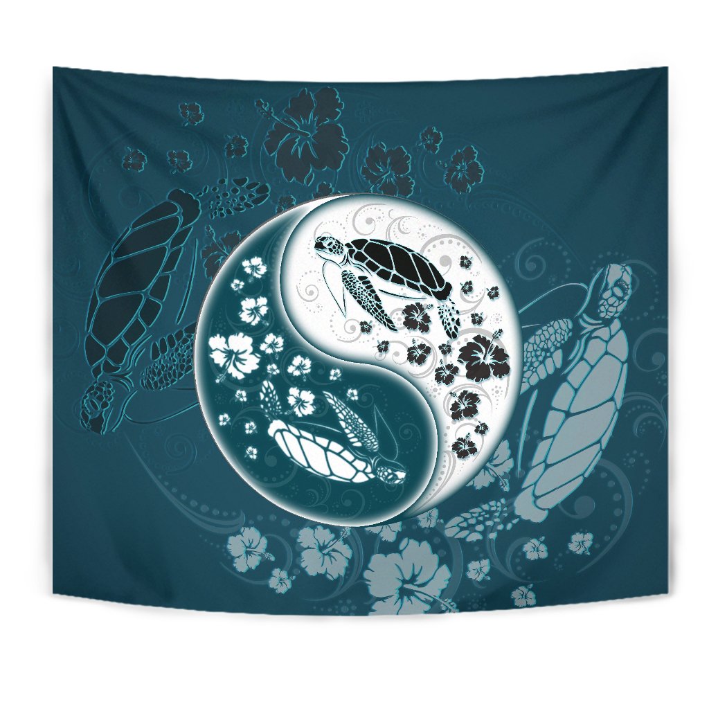 Yinyang Turtle Hibiscus Tapestry Wall Tapestry Blue - Polynesian Pride