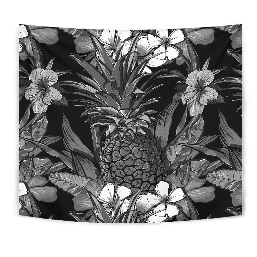 Pineapple Hibiscus Black And White Tapestry Wall Tapestry Black - Polynesian Pride