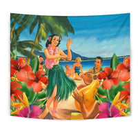 Hula Dance On Beach Tapestry Wall Tapestry Blue - Polynesian Pride