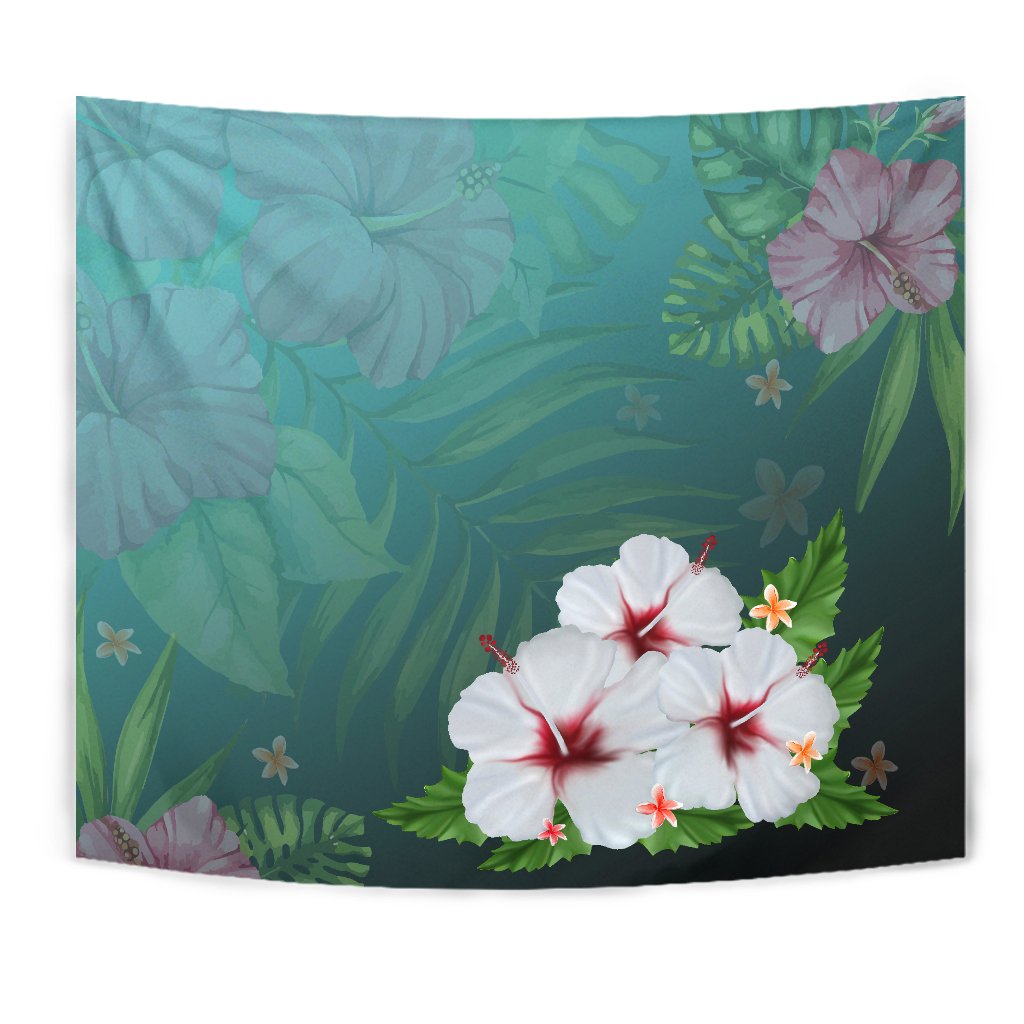 Hibiscus White Flower Gleeful Tapestry Wall Tapestry Green - Polynesian Pride