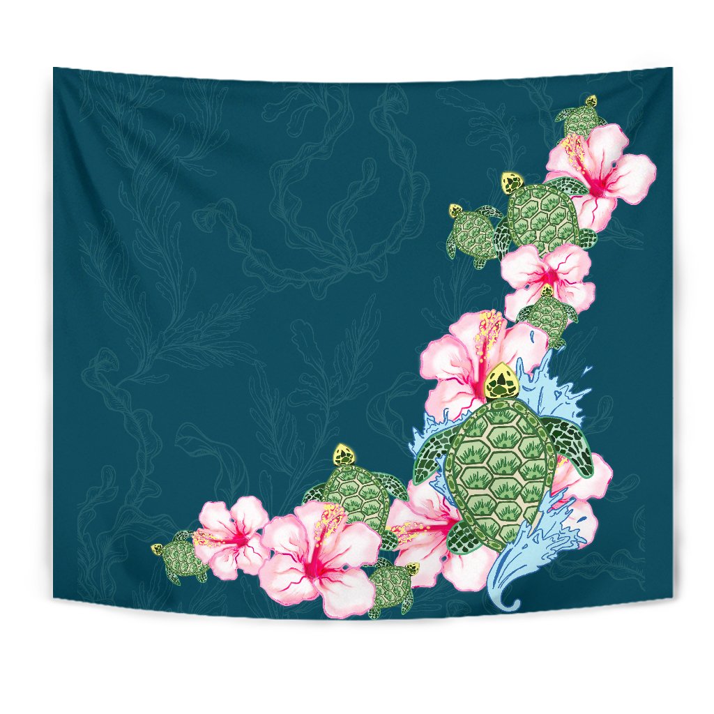Hibiscus Turtle Dance Tapestry Wall Tapestry Green - Polynesian Pride