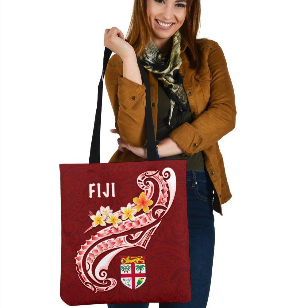 Fiji Tote Bags - Fiji Seal Polynesian Patterns Plumeria (Red) Tote Bag One Size Red - Polynesian Pride