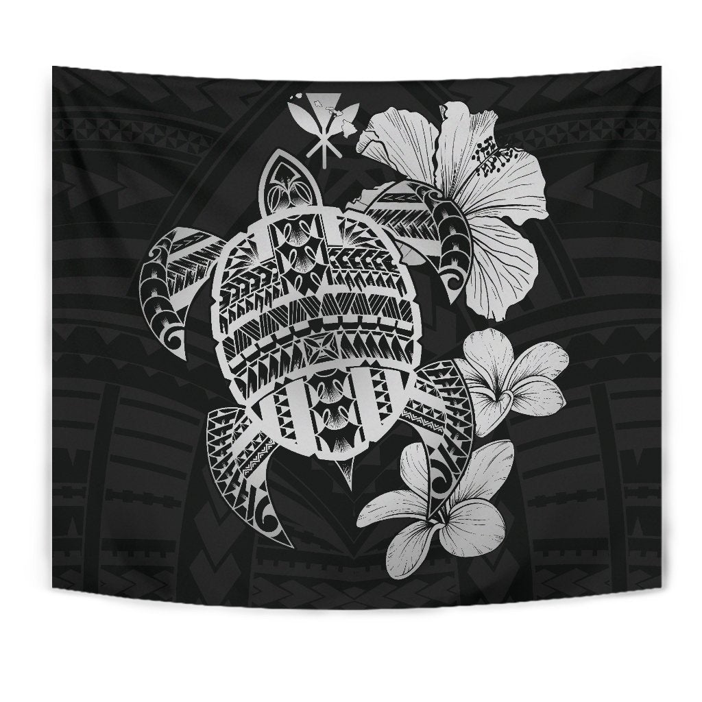 Hawaiian Kanaka Hibiscus Plumeria Mix Polynesian Turtle Tapestry Gray AH Wall Tapestry Gray - Polynesian Pride