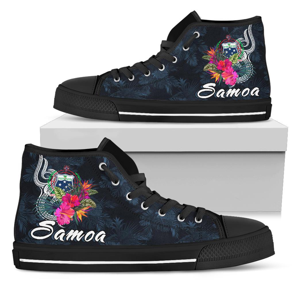 Samoa Polynesian High Top Shoes - Tropical Flowers Unisex Black - Polynesian Pride