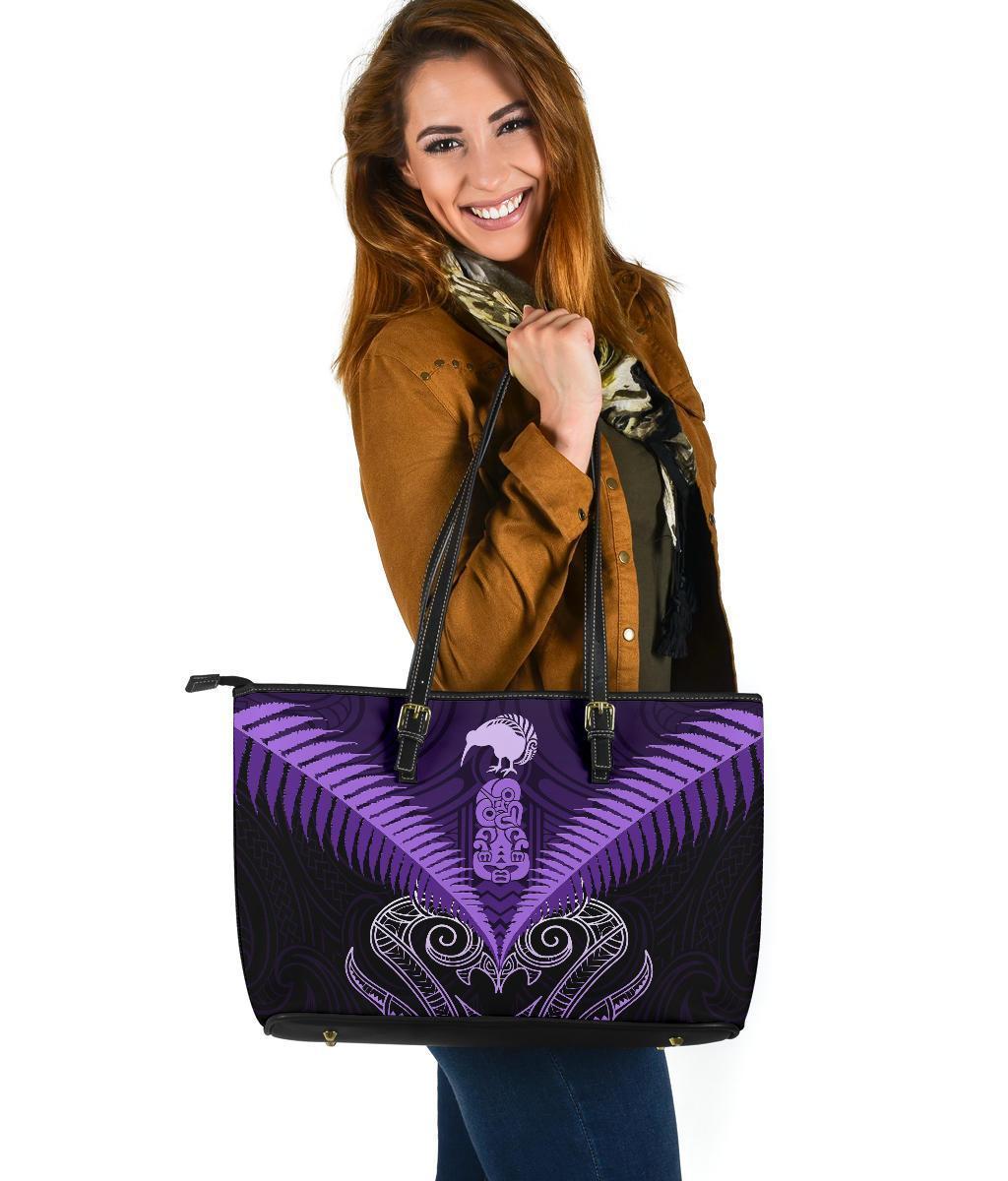 Maori Manaia New Zealand Large Leather Tote Purple Black - Polynesian Pride