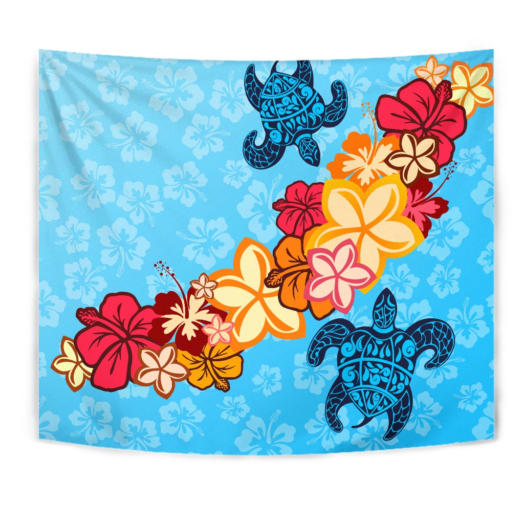 Turtle Flower Dance Tapestry Wall Tapestry Blue - Polynesian Pride