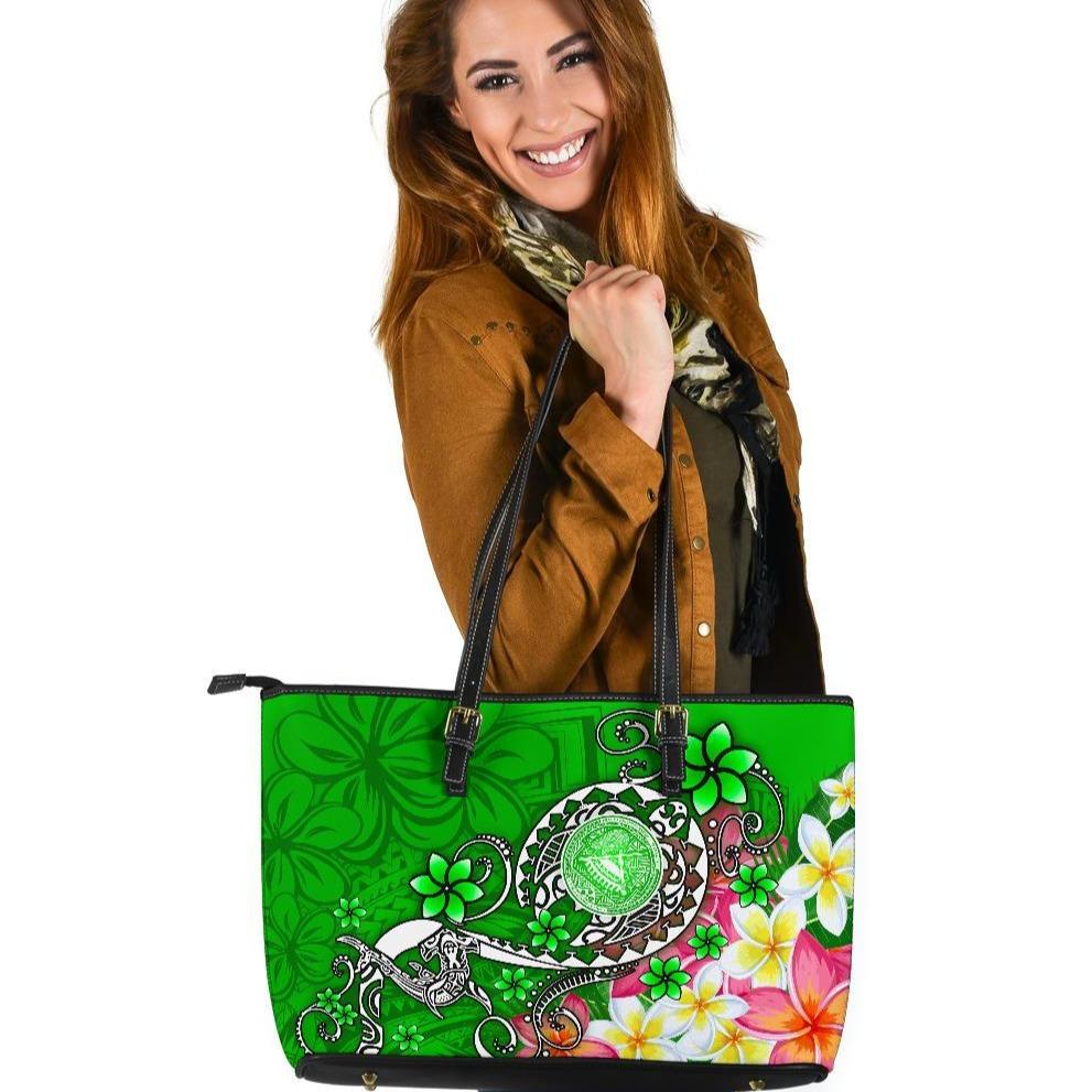 American Samoa Polynesian Leather Tote Bag - Turtle Plumeria (Green) Green - Polynesian Pride