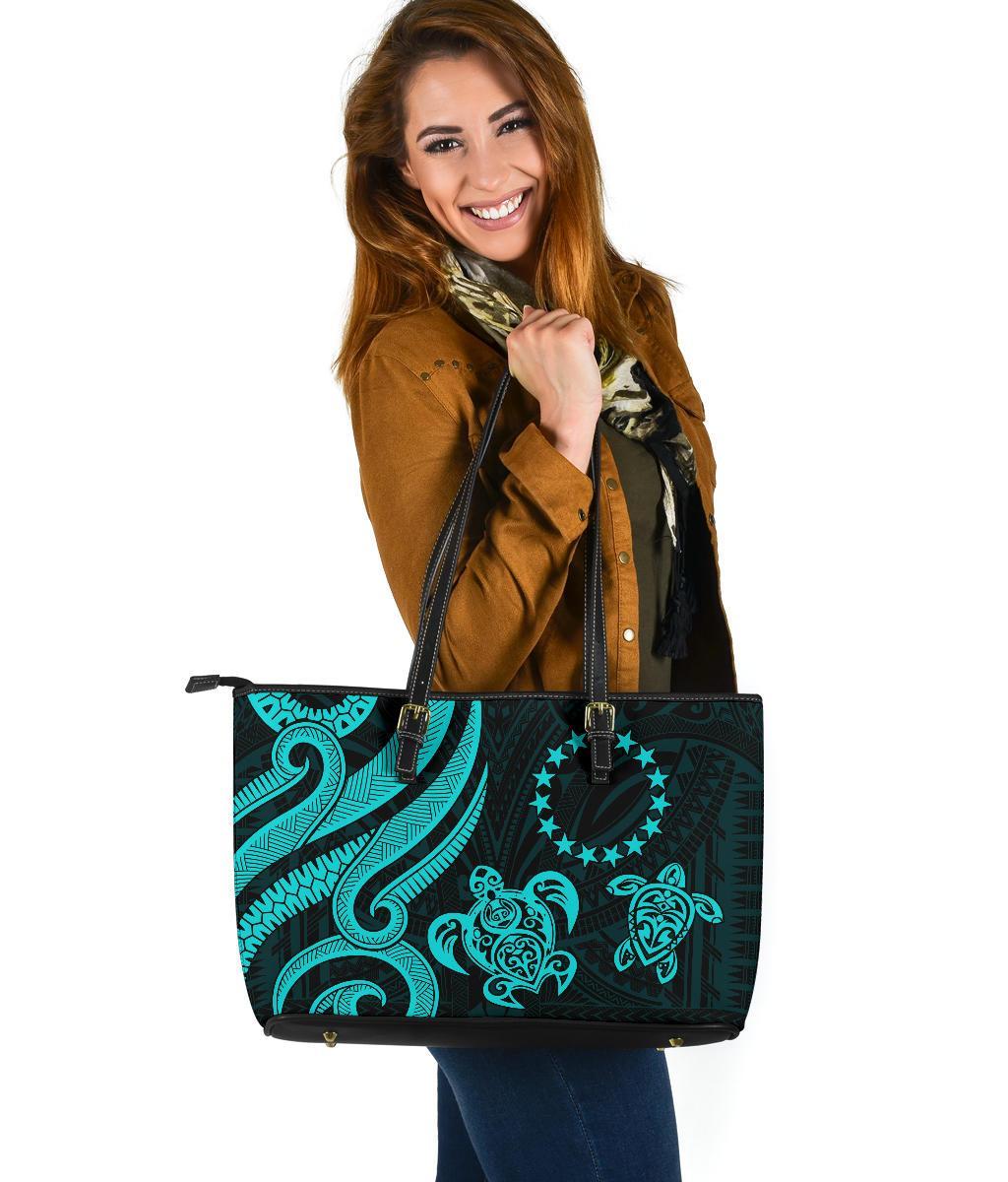 Cook Islands Leather Tote Bag - Turquoise Tentacle Turtle Turquoise - Polynesian Pride