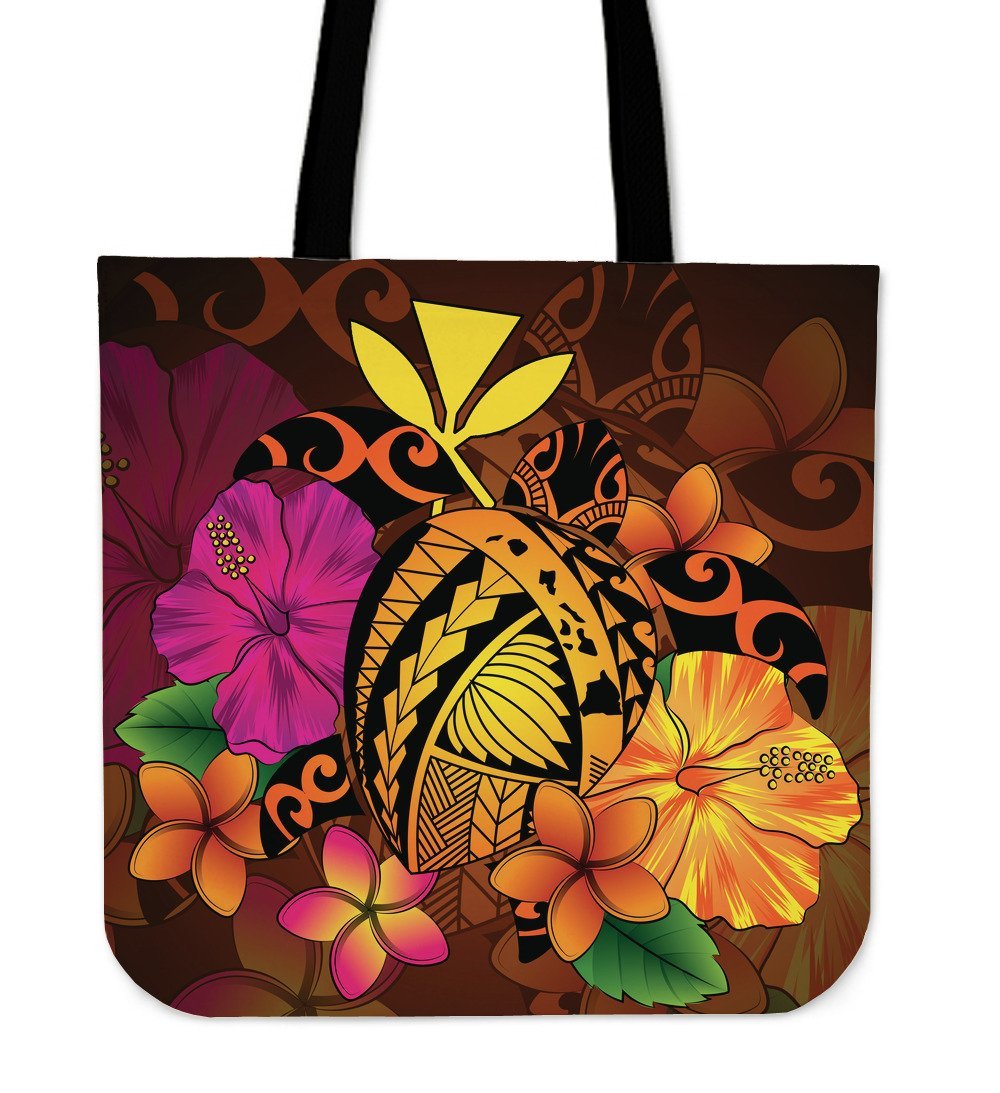 Hawaii Turtle Tribal Map Hibiscus Plumeria Tote Bag Tote Bag One Size Orange - Polynesian Pride