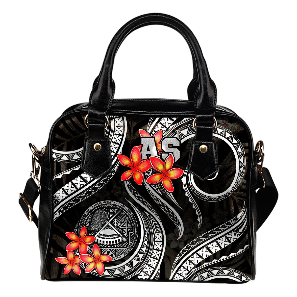 American Samoa Polynesian Shoulder Handbag - Black Plumeria One Size BLACK - Polynesian Pride