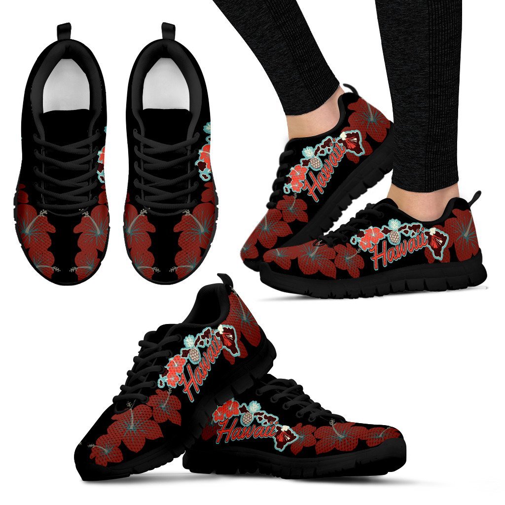 Hawaii Sneakers - Hawaii Pineaple Hibiscus Map Volcano - K7 Unisex Black - Polynesian Pride