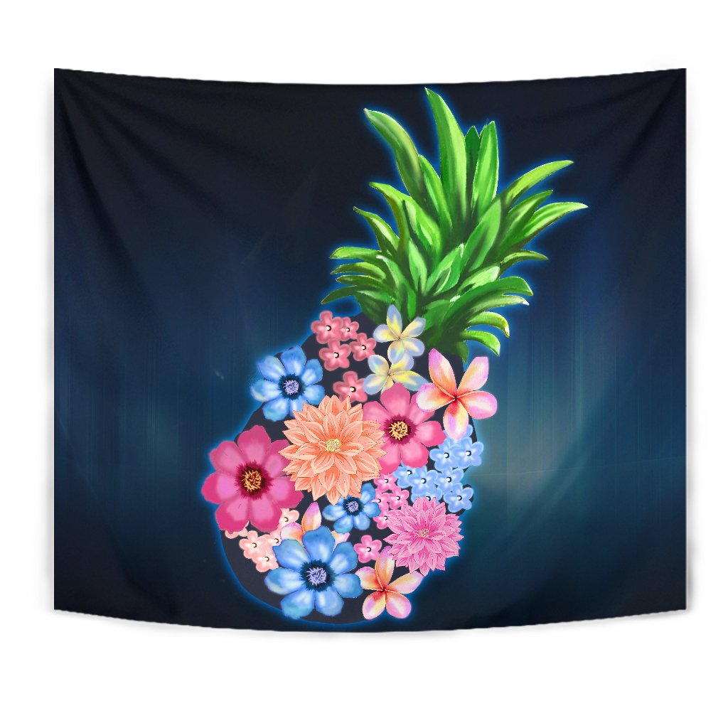 Pineapple Hibiscus Pattern Tapestry Wall Tapestry Blue - Polynesian Pride