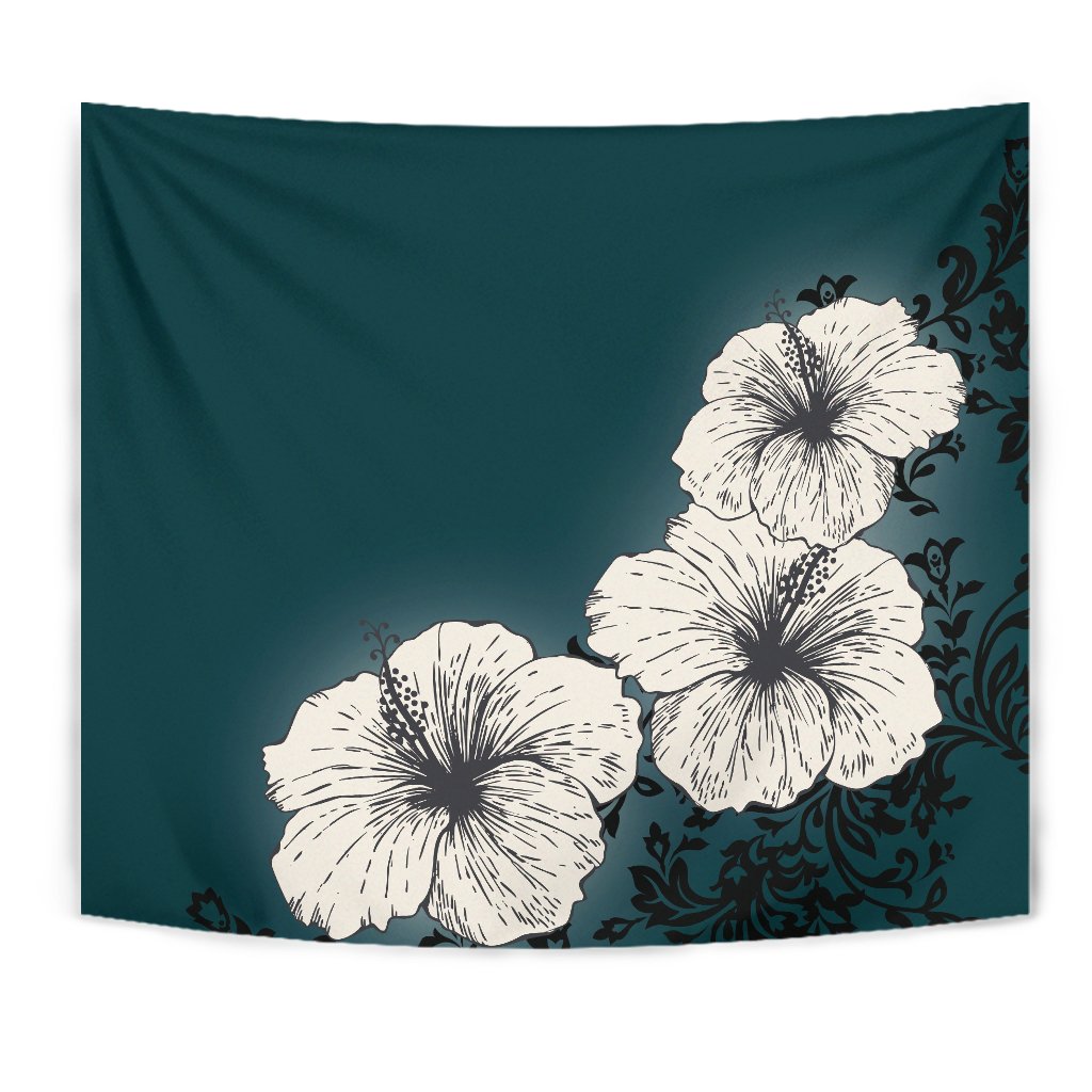 Hibiscus Light White Tapestry Wall Tapestry Green - Polynesian Pride