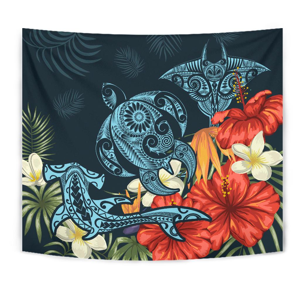 Hawaii Turtle Shark Manta Ray Hibiscus Plumeria Tapestry - Polynesian Pride