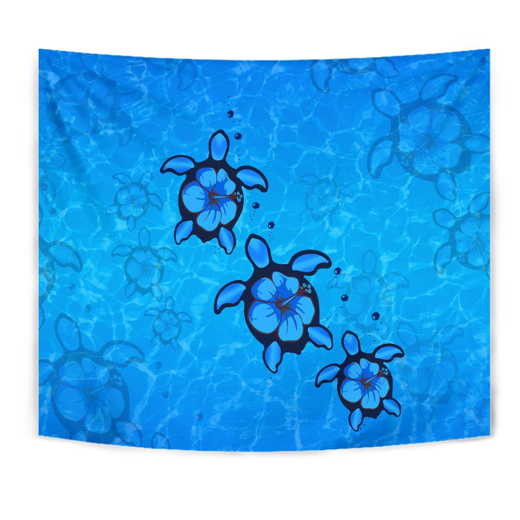 Turtle Hibiscus Swim In Sea Tapestry Wall Tapestry Blue - Polynesian Pride