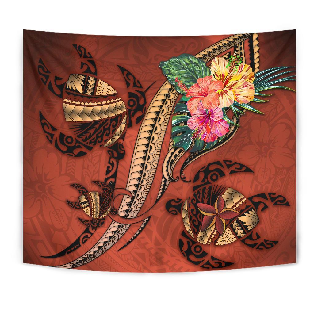 Polynesian Turtle Tapestry - Tribal Tattoo with Hibiscus Coral Wall Tapestry - Turtle Medium 80" x 68" Coral - Polynesian Pride