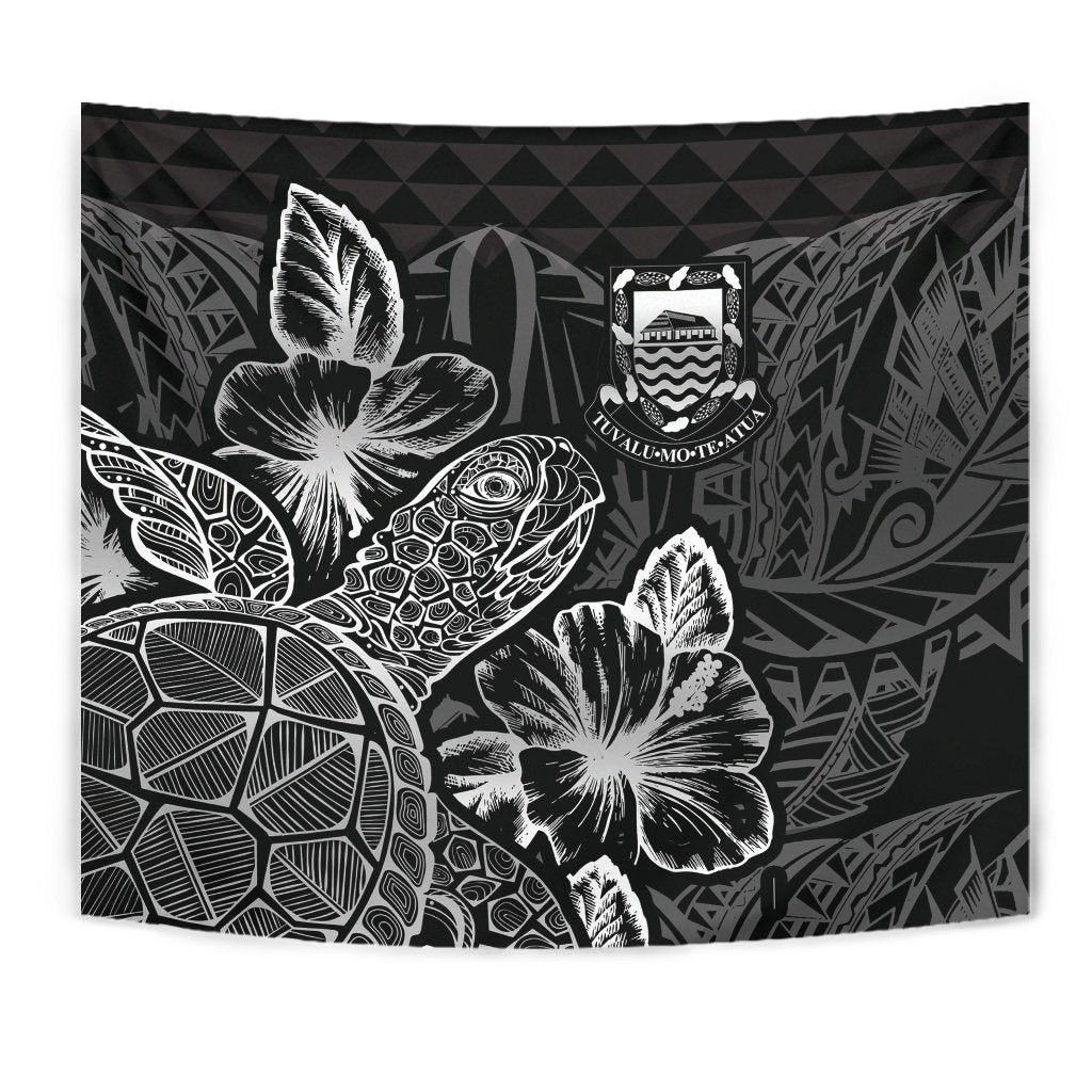 Tuvalu Tapestry - Turtle Hibiscus Pattern Black - Polynesian Pride