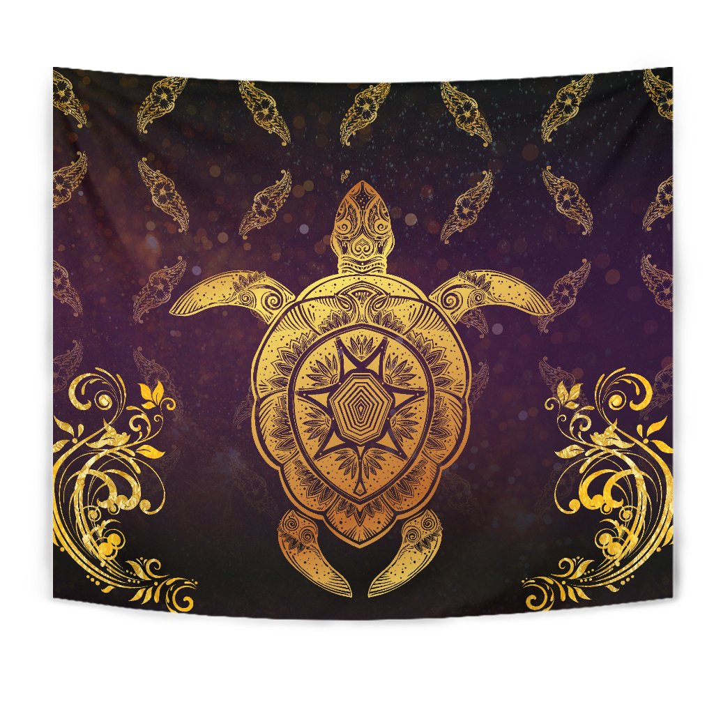 Turtle Golden Royal Tapestry Wall Tapestry Black - Polynesian Pride