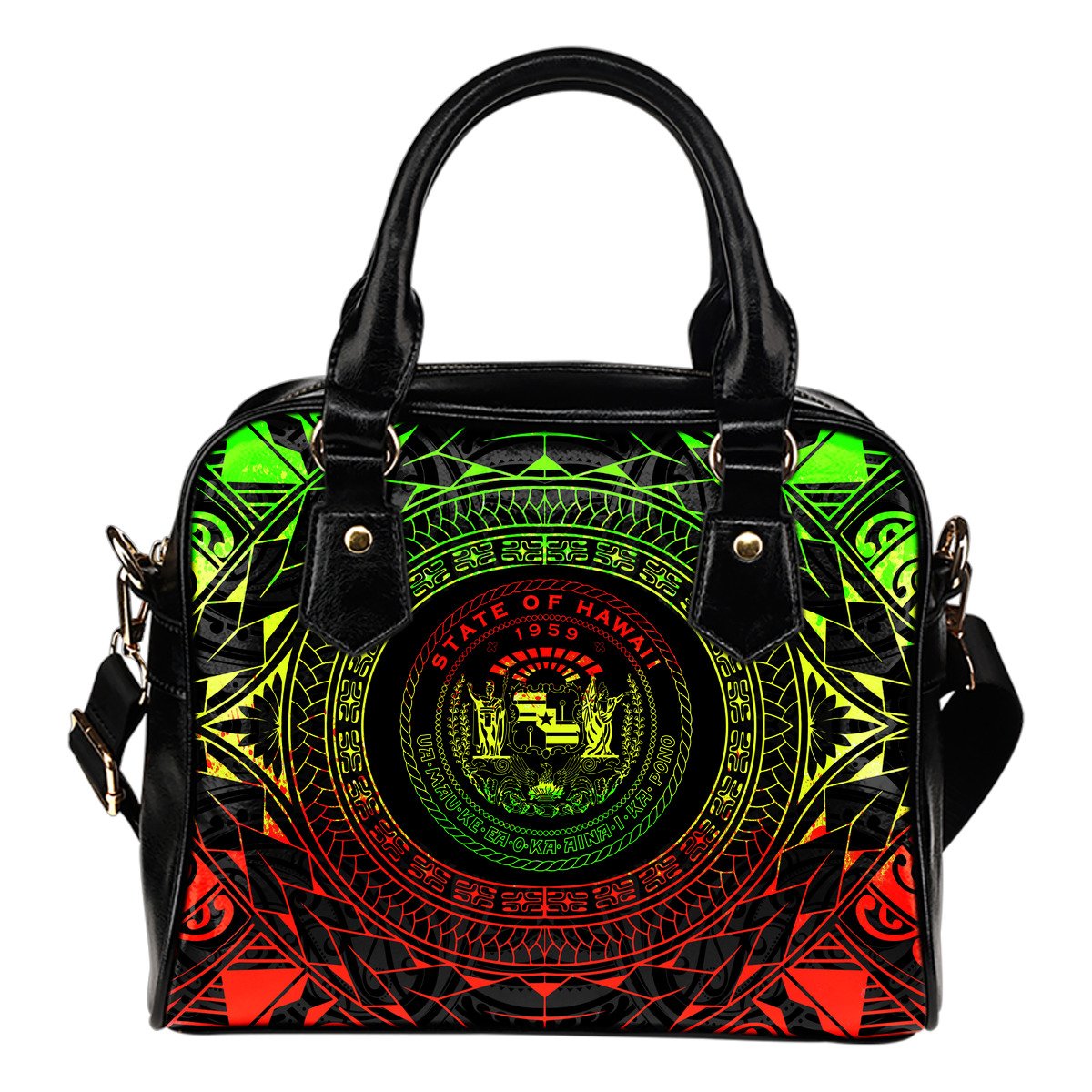 Hawaii Map Polynesian Shoulder Handbag - Reggae Color Version One Size Black - Polynesian Pride